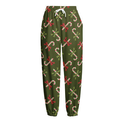 Xmas Candy Cane Pattern Print Fleece Lined Knit Pants