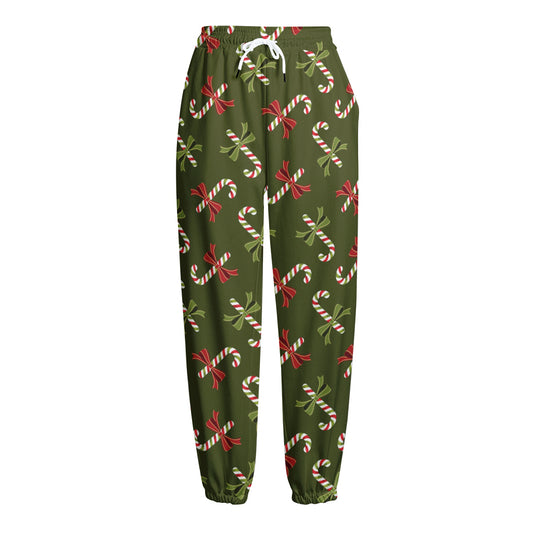Xmas Candy Cane Pattern Print Fleece Lined Knit Pants