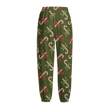 Xmas Candy Cane Pattern Print Fleece Lined Knit Pants