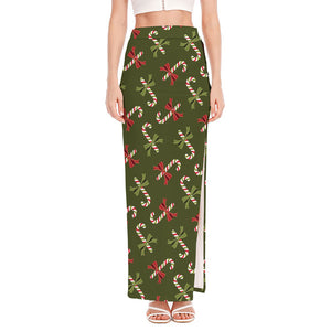 Xmas Candy Cane Pattern Print High Slit Maxi Skirt