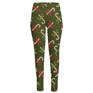 Xmas Candy Cane Pattern Print High-Waisted Pocket Leggings