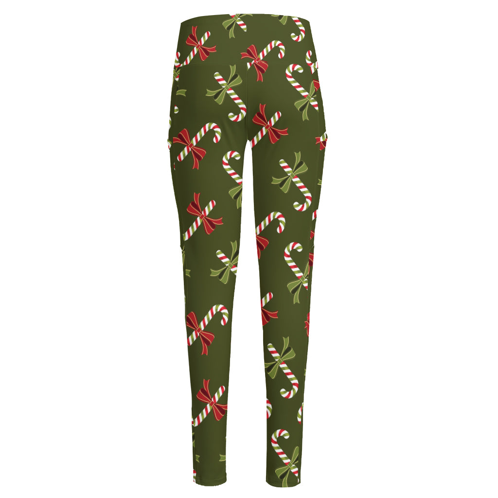 Xmas Candy Cane Pattern Print High-Waisted Pocket Leggings