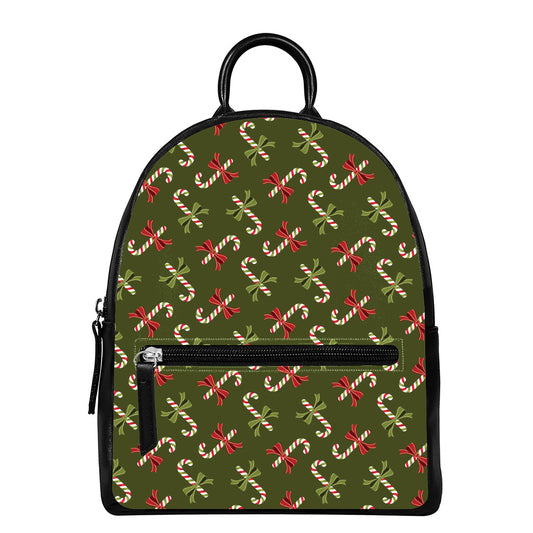 Xmas Candy Cane Pattern Print Leather Backpack