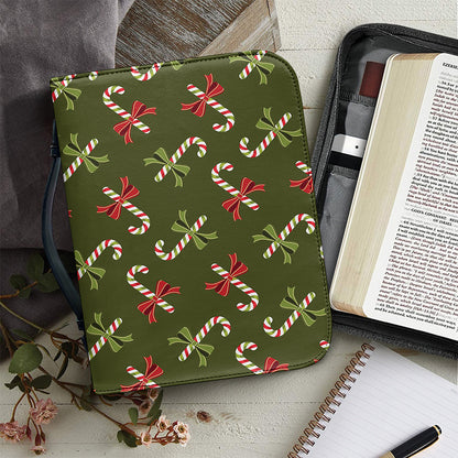 Xmas Candy Cane Pattern Print Leather Bible Cover