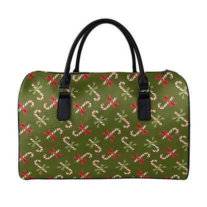 Xmas Candy Cane Pattern Print Leather Duffle Bag
