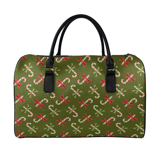 Xmas Candy Cane Pattern Print Leather Duffle Bag