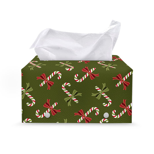 Xmas Candy Cane Pattern Print Leather Tissue Box Cover