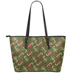 Xmas Candy Cane Pattern Print Leather Tote Bag