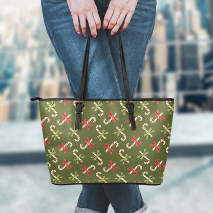 Xmas Candy Cane Pattern Print Leather Tote Bag