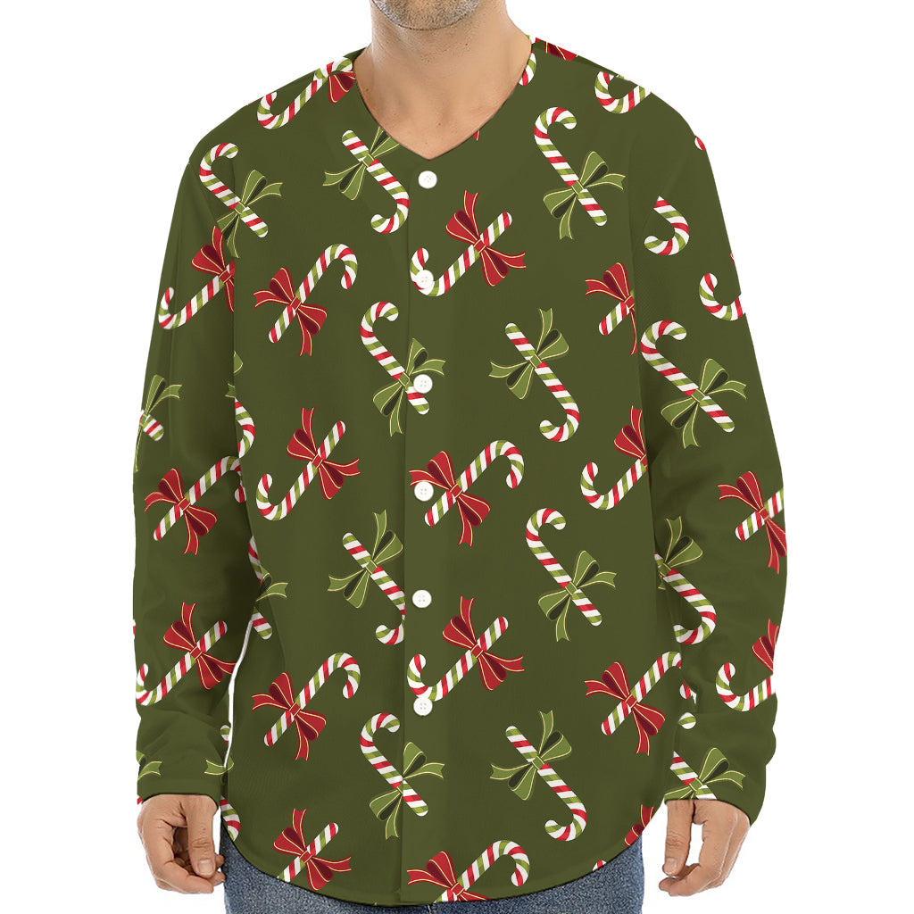 Xmas Candy Cane Pattern Print Long Sleeve Baseball Jersey