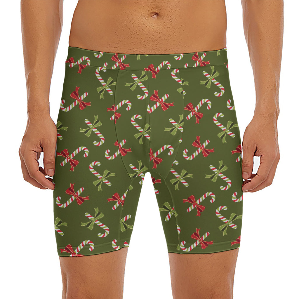 Xmas Candy Cane Pattern Print Men's Long Boxer Briefs