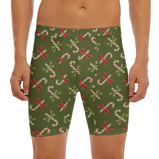 Xmas Candy Cane Pattern Print Men's Long Boxer Briefs