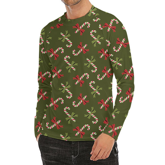 Xmas Candy Cane Pattern Print Men's Long Sleeve Rash Guard