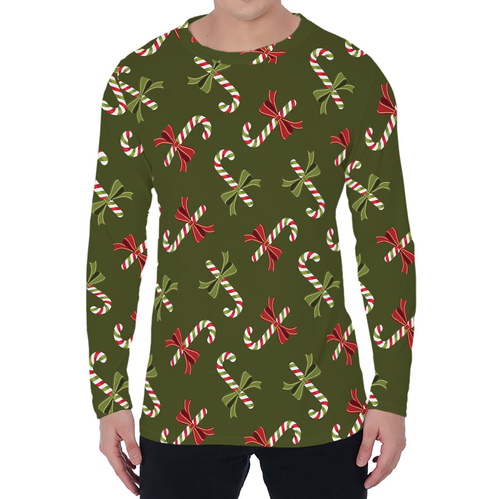 Xmas Candy Cane Pattern Print Men's Long Sleeve T-Shirt