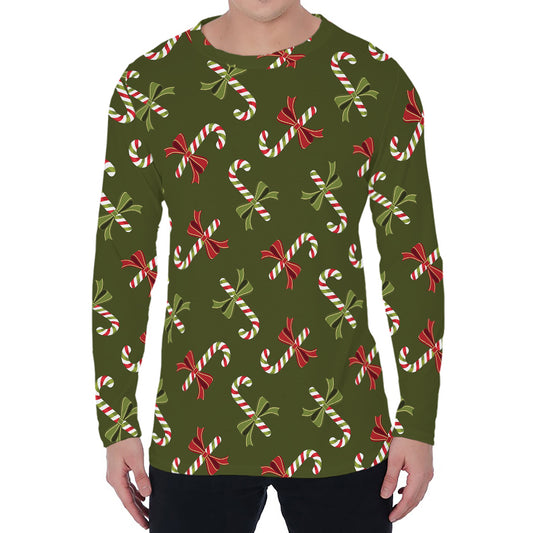Xmas Candy Cane Pattern Print Men's Long Sleeve T-Shirt