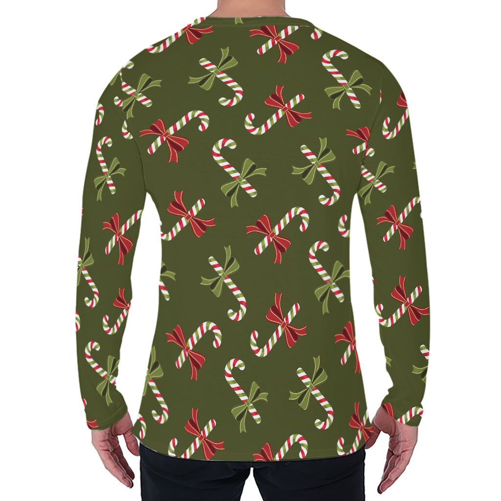 Xmas Candy Cane Pattern Print Men's Long Sleeve T-Shirt