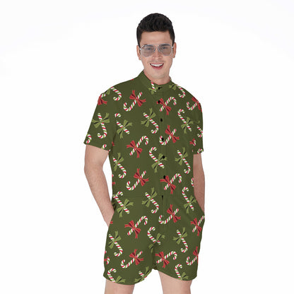 Xmas Candy Cane Pattern Print Men's Rompers
