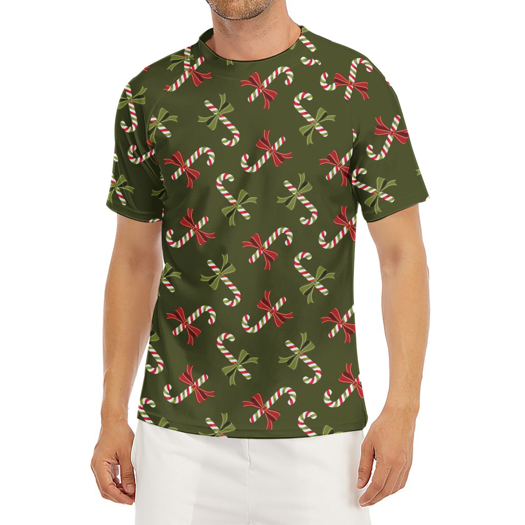 Xmas Candy Cane Pattern Print Men's Short Sleeve Rash Guard