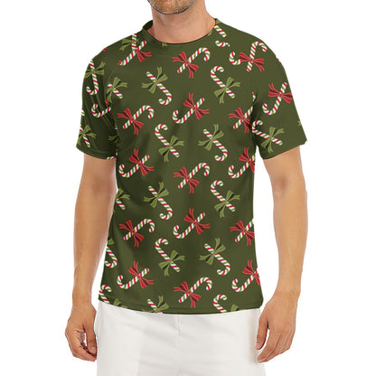 Xmas Candy Cane Pattern Print Men's Short Sleeve Rash Guard