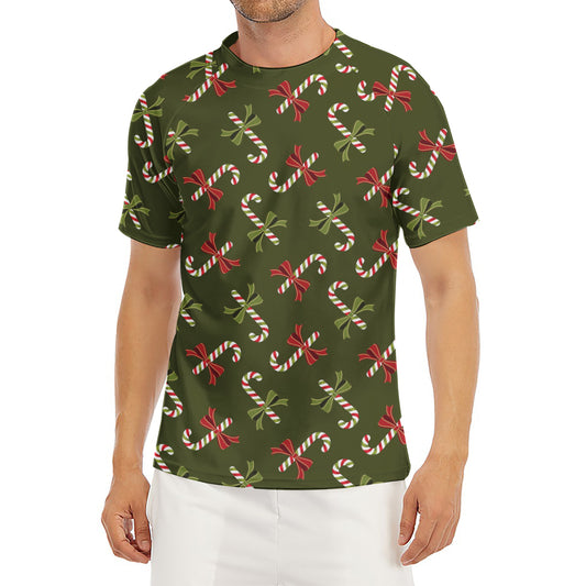 Xmas Candy Cane Pattern Print Men's Short Sleeve Rash Guard