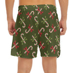 Xmas Candy Cane Pattern Print Men's Split Running Shorts