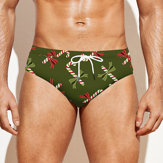 Xmas Candy Cane Pattern Print Men's Swim Briefs