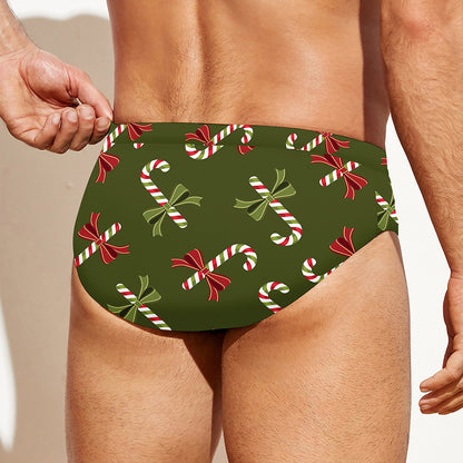 Xmas Candy Cane Pattern Print Men's Swim Briefs