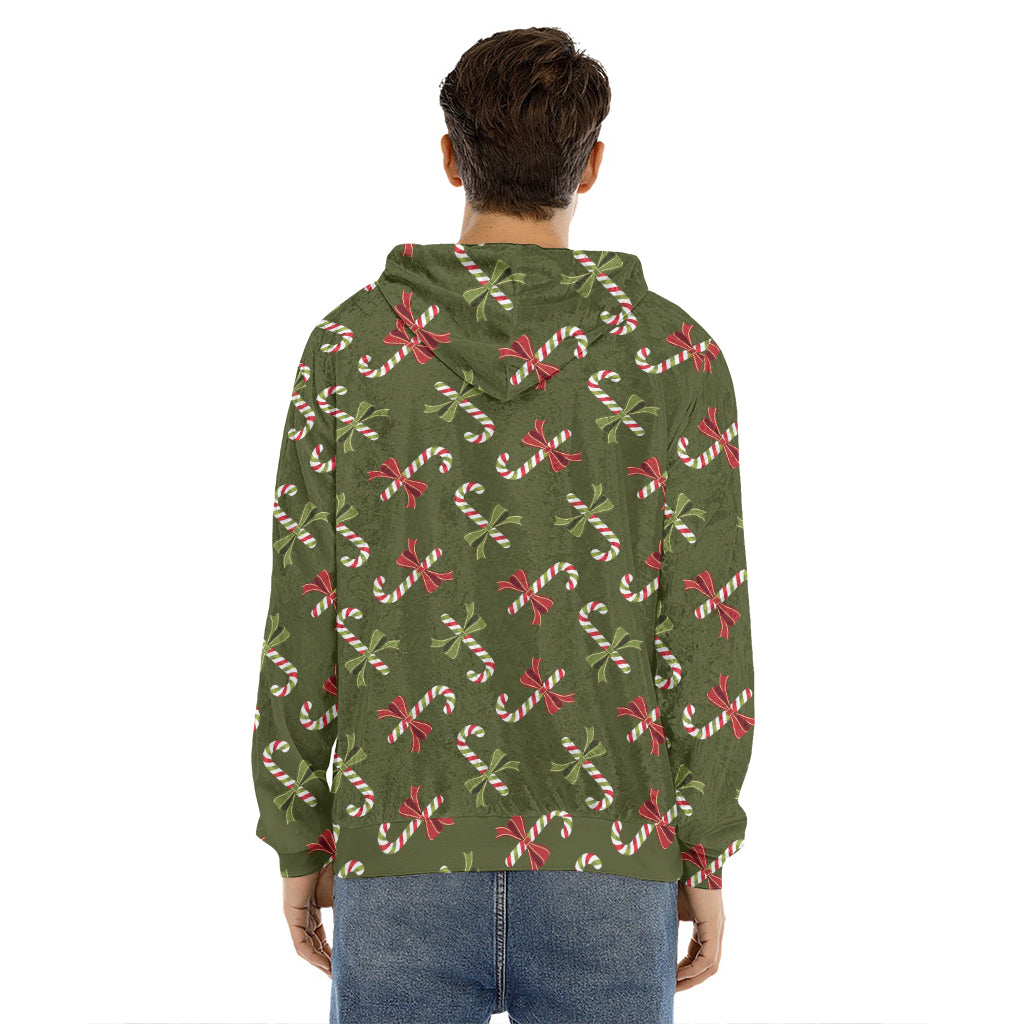 Xmas Candy Cane Pattern Print Men's Velvet Pullover Hoodie