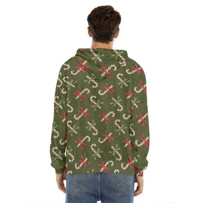 Xmas Candy Cane Pattern Print Men's Velvet Pullover Hoodie