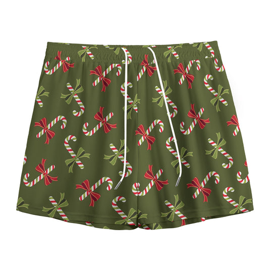Xmas Candy Cane Pattern Print Mesh Shorts