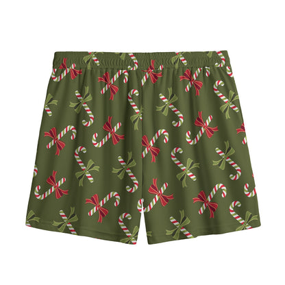 Xmas Candy Cane Pattern Print Mesh Shorts