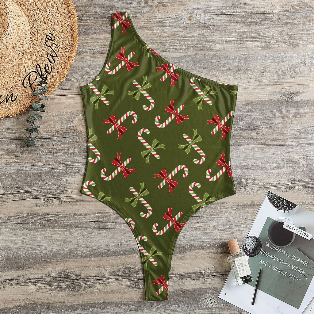 Xmas Candy Cane Pattern Print One Shoulder Bodysuit