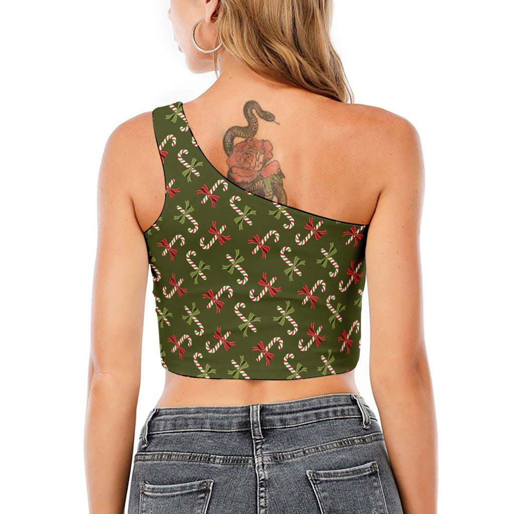 Xmas Candy Cane Pattern Print One Shoulder Crop Top