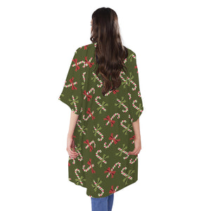 Xmas Candy Cane Pattern Print Open Front Beach Cover Up