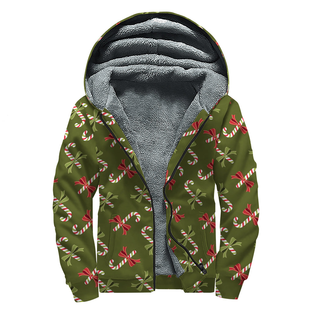 Xmas Candy Cane Pattern Print Sherpa Lined Zip Up Hoodie