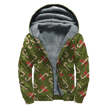 Xmas Candy Cane Pattern Print Sherpa Lined Zip Up Hoodie