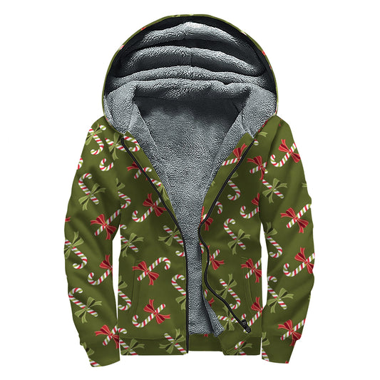 Xmas Candy Cane Pattern Print Sherpa Lined Zip Up Hoodie