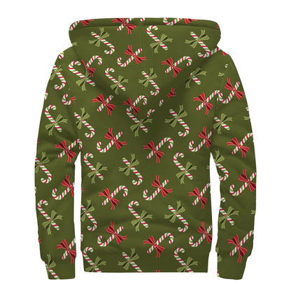 Xmas Candy Cane Pattern Print Sherpa Lined Zip Up Hoodie
