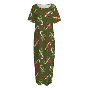 Xmas Candy Cane Pattern Print Short Sleeve Long Nightdress