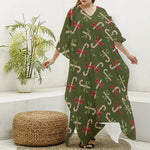 Xmas Candy Cane Pattern Print Silk V-Neck Kaftan Dress