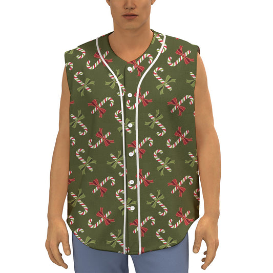 Xmas Candy Cane Pattern Print Sleeveless Baseball Jersey