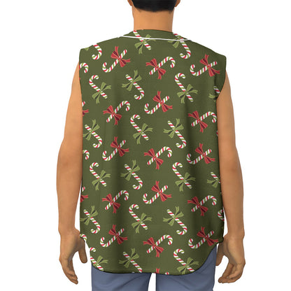 Xmas Candy Cane Pattern Print Sleeveless Baseball Jersey
