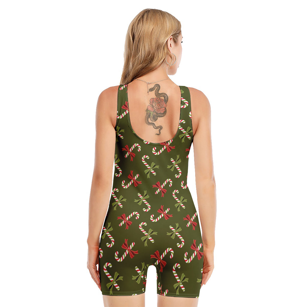 Xmas Candy Cane Pattern Print Sleeveless One Piece Swimsuit