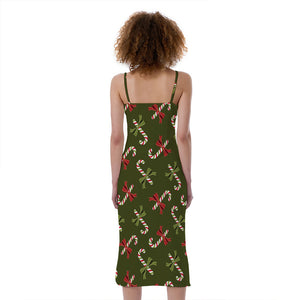 Xmas Candy Cane Pattern Print Slim Fit Midi Cami Dress