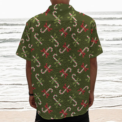 Xmas Candy Cane Pattern Print Textured Short Sleeve Shirt