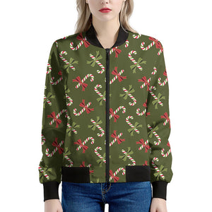 Xmas Candy Cane Pattern Print Women's Bomber Jacket