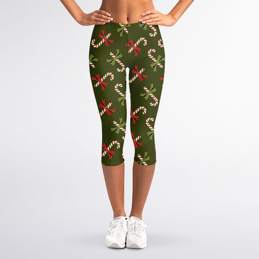 Xmas Candy Cane Pattern Print Women's Capri Leggings