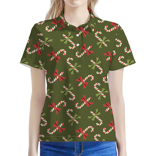 Xmas Candy Cane Pattern Print Women's Polo Shirt