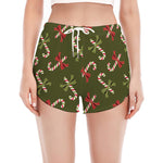 Xmas Candy Cane Pattern Print Women's Split Running Shorts