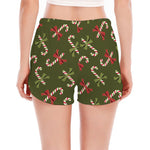 Xmas Candy Cane Pattern Print Women's Split Running Shorts